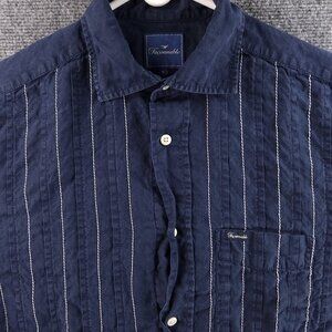Faconnable Striped Small Linen Blue Shirt Mens Button Up Long Sleeve Pocket